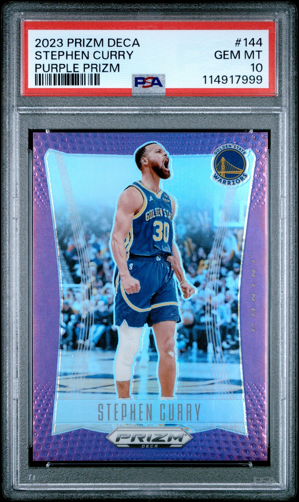 2023 PANINI PRIZM DECA PURPLE PRIZM #144 STEPHEN CURRY 75/99 PSA 10