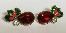 Vintage Avon Red Rhinestone Gold Tone Holly Berries Pierced Earrings Christmas