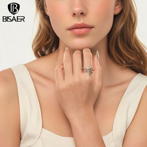 Bisaer Copper Silver Plated CZ Multi-layer Snake Open Ring Women Gifts Jewelry - Picture 3 of 19