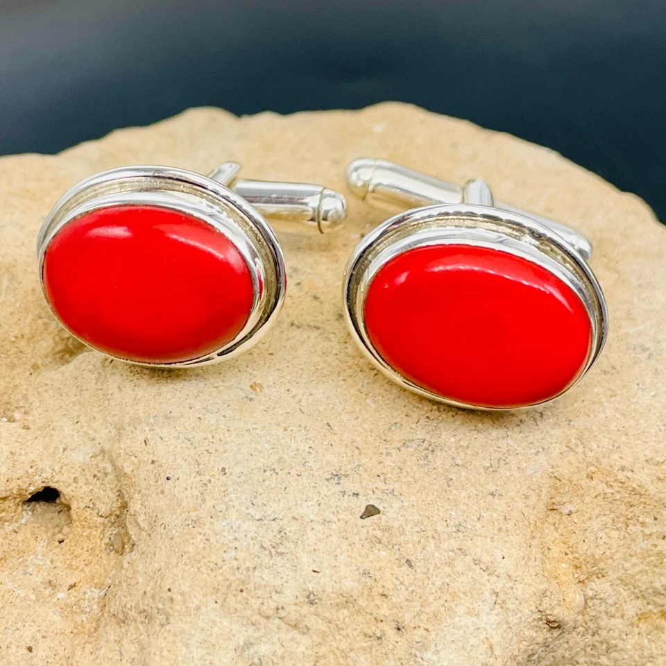 Винтажные запонки из красного коралла — безель из чистого серебра, овальный кабошон, мужские ювелирные изделия - Изображение 2 из 4