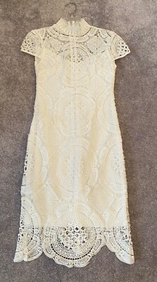 Bisou Bisou Michele Bohbot White Lace Dress High Neck Short Sleeve Size 2 |  eBay