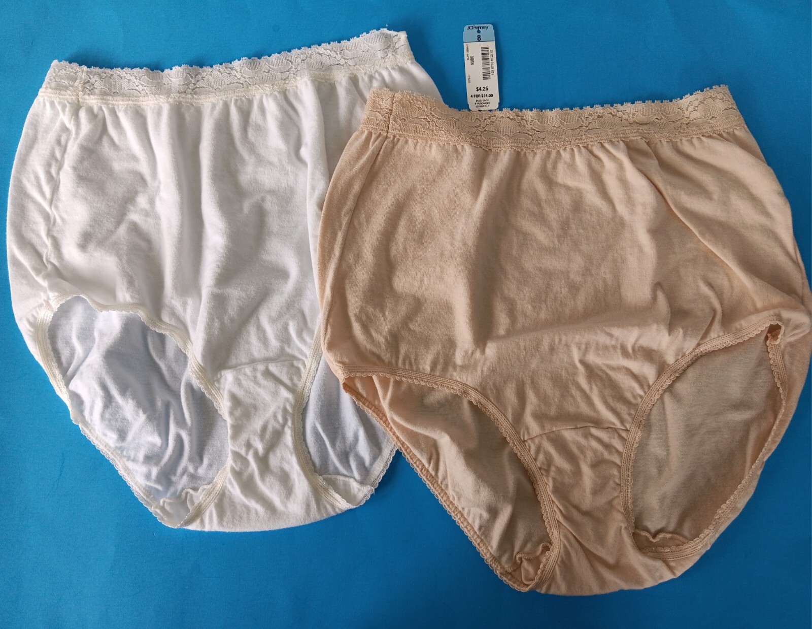 Vtg JC Penney Adonna Panties Briefs Sz 8 Nude & White Cotton Lace Trim