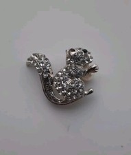 Silver Tone Clear Rhinestone Squirrel Holding Pearl Brooch
