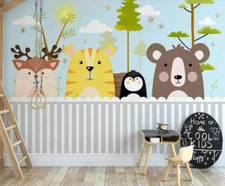 3D Animal Tree Blue Sky Kids Self-adhesive Removeable Wallpaper Wall Mural