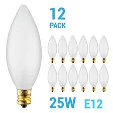 12 Pack Chandelier Torpedo Tip B10 Bulbs 120V 25W Candelabra E12 Frosted 2700K