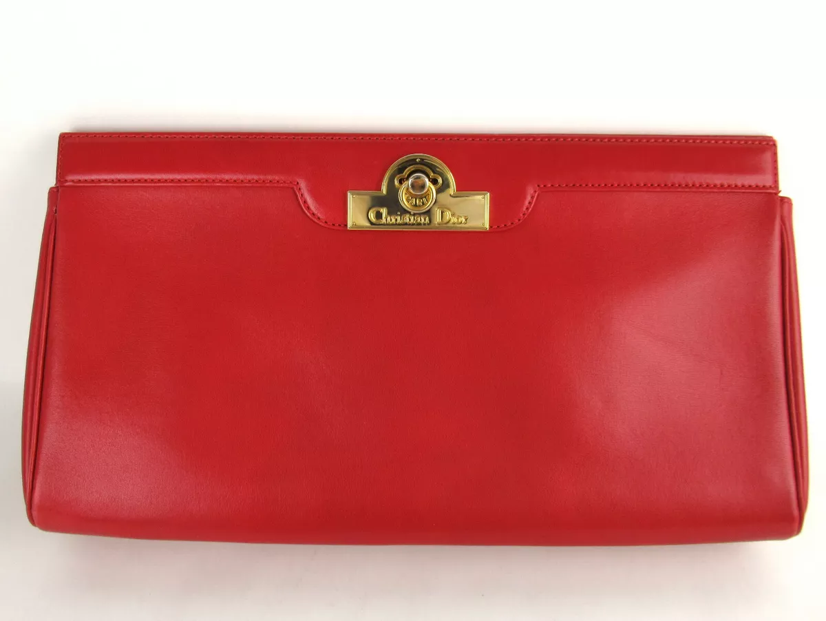 Authentic Christian Dior Made in France Red Leather x Goldtone Clasp Clutch Bag