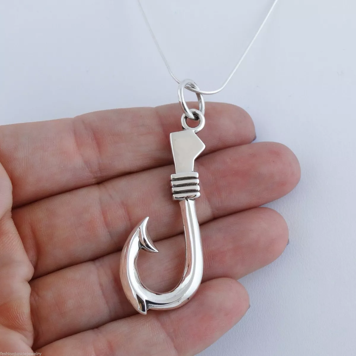 Large Fish Hook Necklace -925 Sterling Silver-Fishing Fishermen Pendant  Catch SN