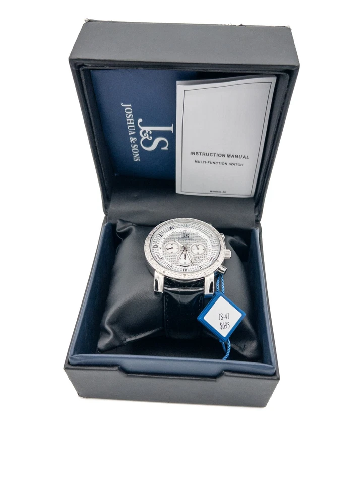 Reloj Joshua & Sons Cronógrafo 47mm Plateado Bisel Diamante Genuino Cuero Negro Foto 4 de 4