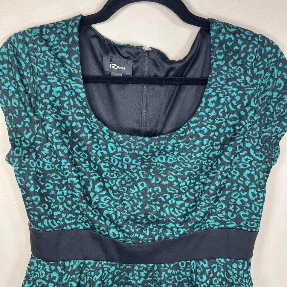 Y2K SIZE 11 JUNIORS GREEN BLACK LEOPARD PRINT PEPLUM DRESS SHORT SLEEVE EVENT - Image 4 of 4