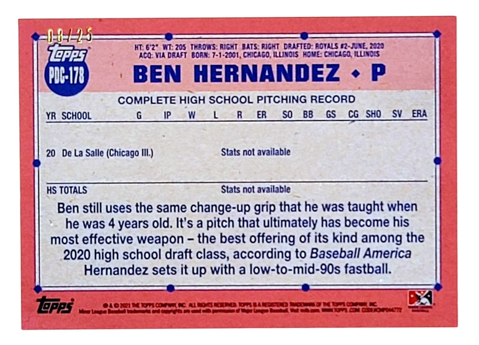 BEN HERNANDEZ RC SSP    2021 Topps Pro Debut     ORANGE CHROME REFRACTOR SP 8/25 - Image 2 of 2