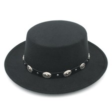 Women Men Wool Blend Boater Hat Wide Brim Pork Pie Cap Flat Top Hat Leather Band