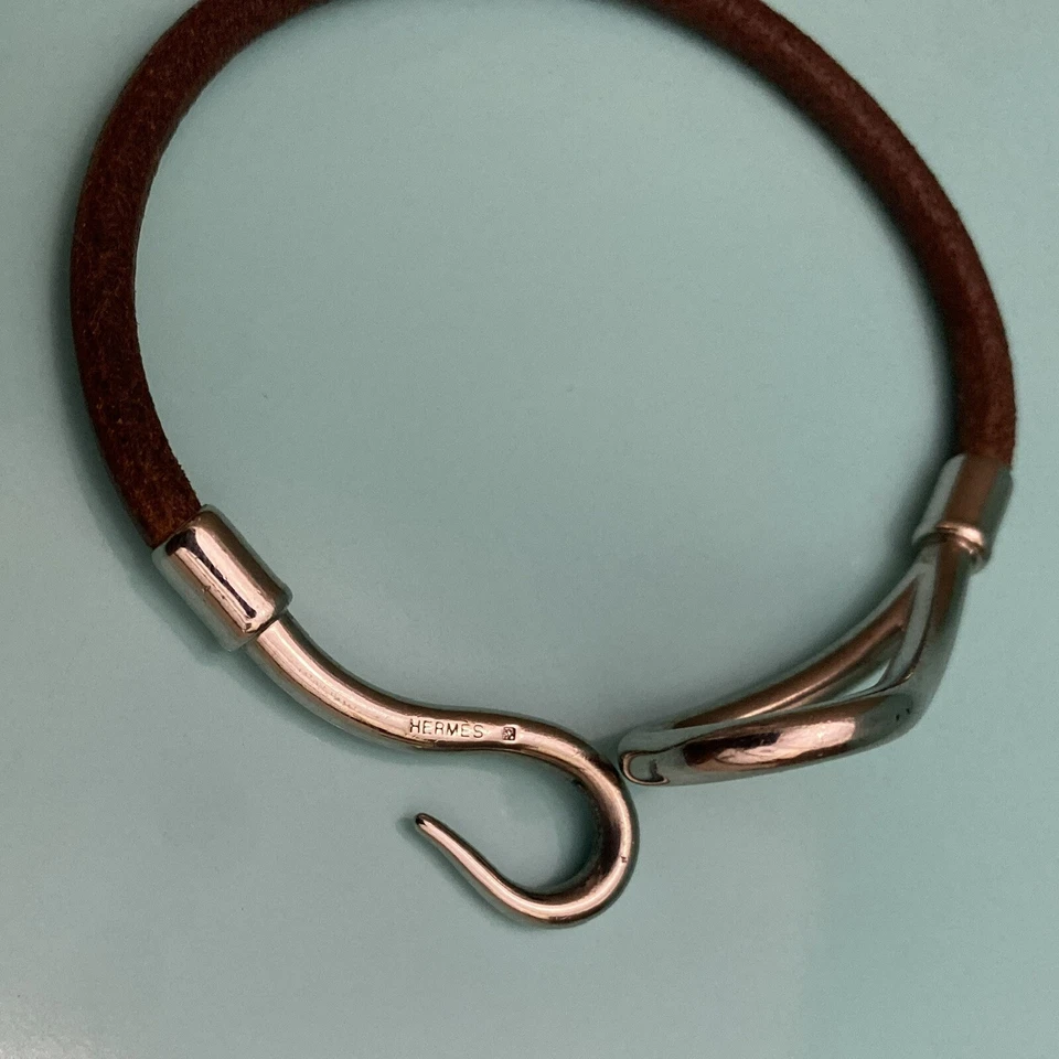 HERMES Jumbo Bangle Bracelet Leather Silver Brown Tone/2AD0837 - Image 3 of 3