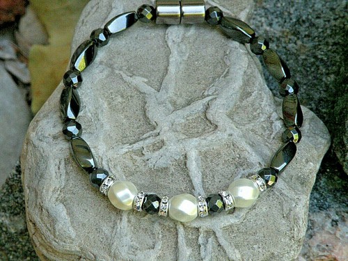Women’s Black N Cream Hematite Bracelet Anklet Necklace 1 Row Rhinestone Therapy - Picture 6 of 6