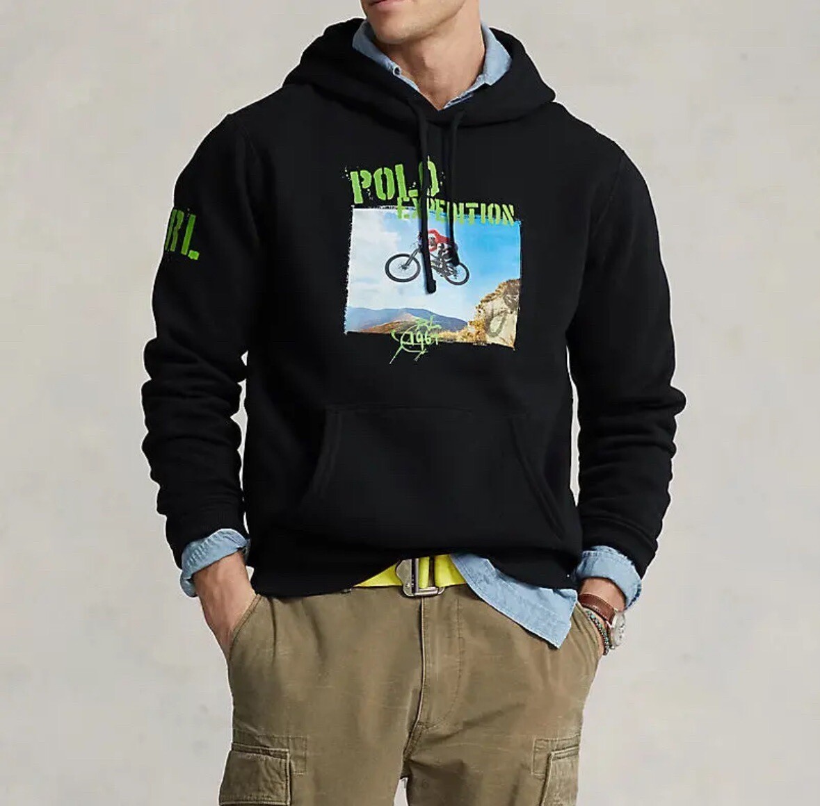 New L Polo Ralph Lauren Black Polo Expedition Fleece BMX Graphic