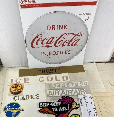 Lot of Vintage Peal off Stick On Stickers Decal Sign Coke Dads Grunman
