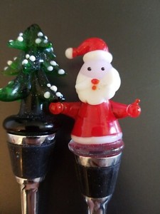  Bottle Wine Stoppers Hand Blown Glass Santa & Christmas Tree Lot of 2
