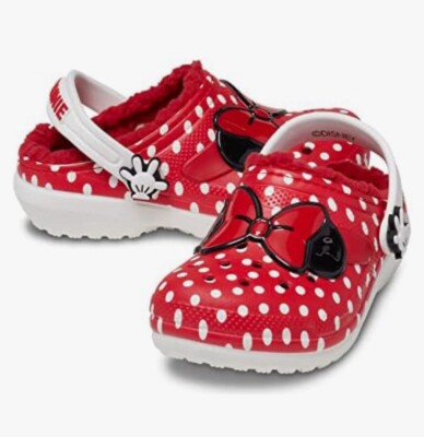 CROCS Disney Minnie Mouse Big Girls Fur Lined Red Bow White Polka Dot Clog Sz j5