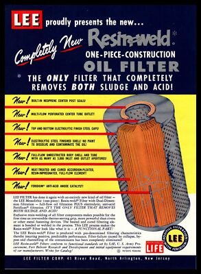 #ad 1958 Lee North Arlington NJ ResinWeld One Piece Construction Oil Filter Print Ad $4.98