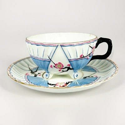 Antique 1879 Wedgwood Fan & Prunus Cherry Blossom Footed Tea Cup & Saucer - Rare
