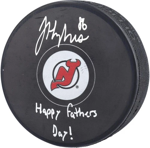 Jack Hughes New Jersey Devils Signed Hockey Puck with "Happy Father's Day!" Insc