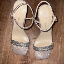 Betsey Johnson Flare Sparkly Rhinestone Square Toe Heels Silver Sandals Size 6M