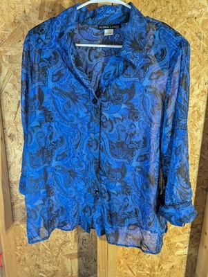 Gloria Lance Size 2X Sheer Polyester Long Sleeve Blue And Black Button Up Shirt