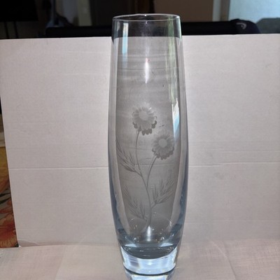 Bluish White Etched With Flowers Crystal Vase
