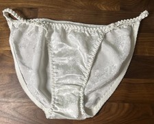 Vtg Satin Panties String Bikini Second Skin White M Glossy Shiny Bows Delicates