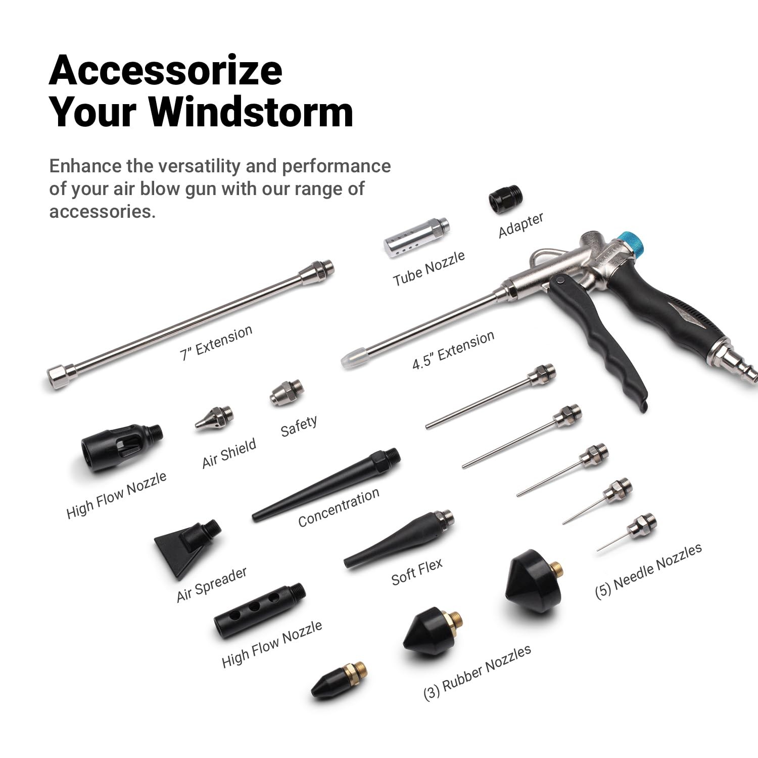 2-Way Air Blow Gun Kit with Nozzles & Rubber Tips, 19 Pieces