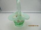 Fenton Glass Mini Green Opalescent Basket Hand Painted Flowers
