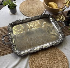 Vintage silver plated tray, Large, ornate, chased, footed, 27.5"