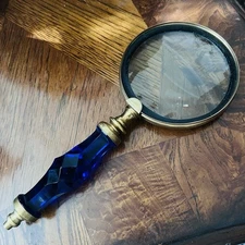 Vintage Cobalt Blue Cut Glass Magnifying Glass Brass Handle 9.5” | 4.5” Lens