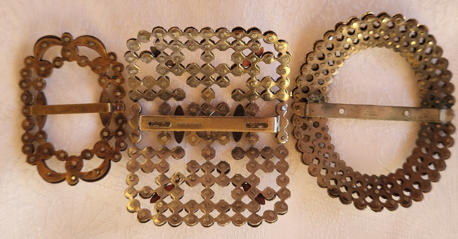 3 Antique Cut Steel Shoe Buckles Different Shapes One Stamped Made In France