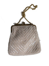 Vintage White Beaded Evening Bag Iridescent Chevron Gold Chain Kiss Lock Purse