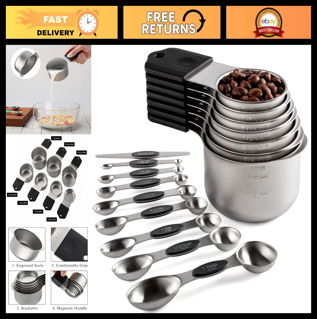 Magnetic Measuring Cups & Spoons Set - 7 Stackable Stainless Steel + 8 Double-Si