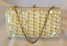 VTG Handmade Sequence Beaded Evening Bag Ivory With Gold Trim PURSE PROM