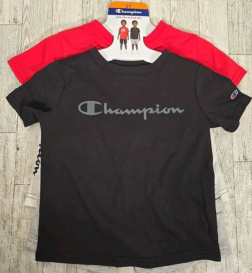 Conjunto de camisetas cortas Champion para niños pequeños talla 2T 4 piezas negro rojo NUEVO Foto 2 de 4