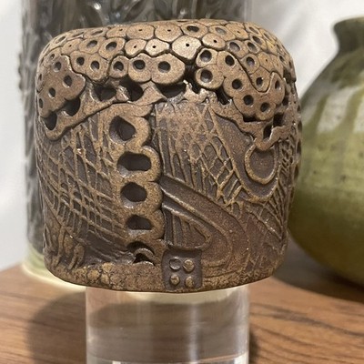 Studio Art Pottery Lidded Jar Hand-Carved Stoneware Four-Dot Mark - Vintage