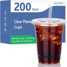 200 Pack - 16 oz Clear Plastic Cups with Lids and Straws,Disposable Iced Coffee