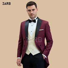 Burgundy Cutaway Morning Suit, Black Peak Lapel Groom Wedding Tuxedo 3 Pc