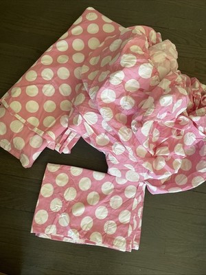 3pc Land Of Nod (Crate & Barrel) Pink Polka Dot Sheet Set Flat, Fitted + 1 Case
