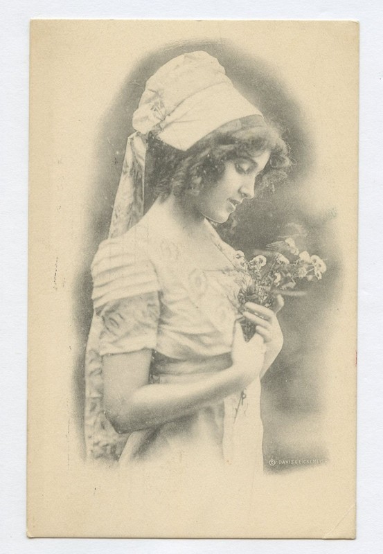 1912 Oshkosh WI cancel to Mrs. Zinth RIPON. Young woman with flowers.  ART  PC