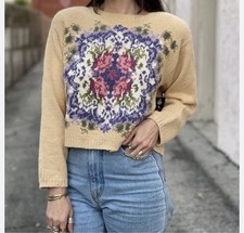 Vtg Liz Sport Hand Knit Sweater Cottage Core Women's Petite Granny Core Cropped