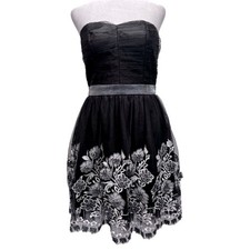 Black Mesh Overlay Silver Metallic Embroidered 3D Flowers Formal Party Dress