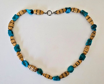 Handmade Genuine Turquoise & Wood Bead Necklace Rustic Southwestern Boho 22''