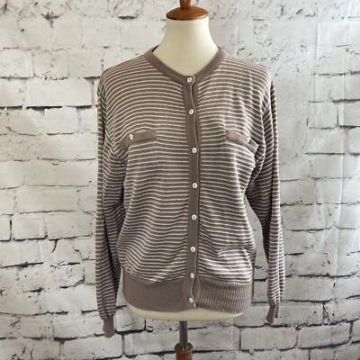 Jaeger Sweater Womens Size Medium Striped Ivory Cream Button up Cardigan Vtg