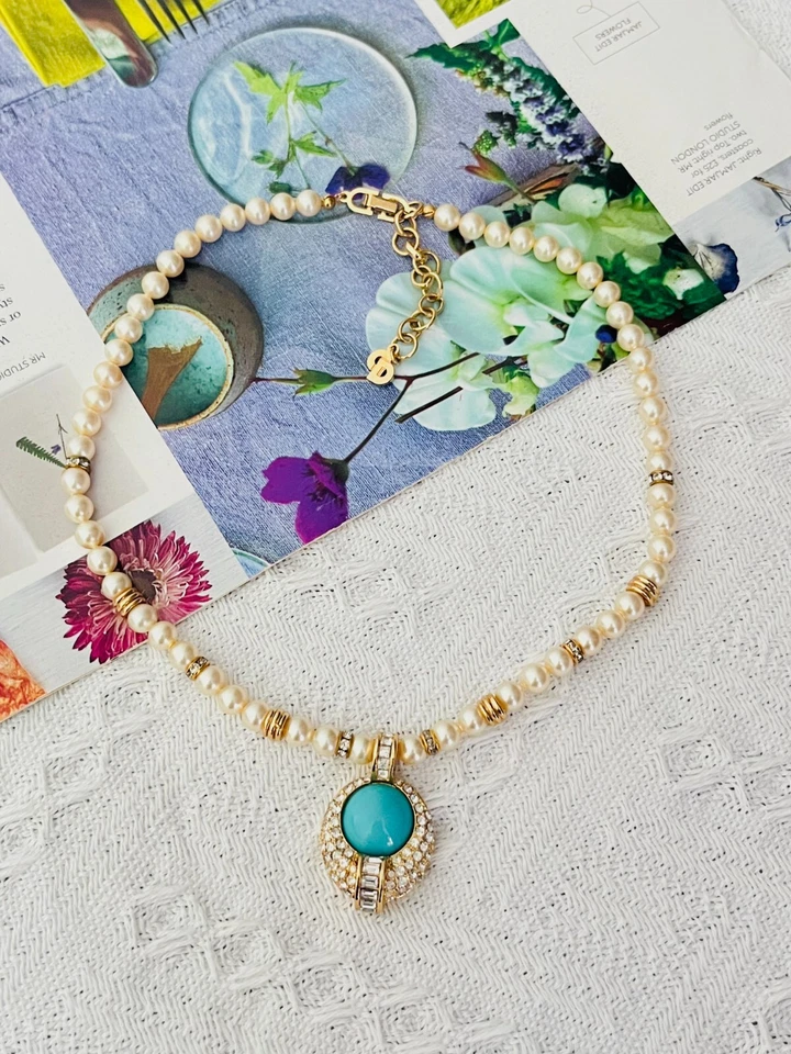 Christian Dior Vintage 1980s White Pearls Turquoise Cabochon Crystals Necklace - Image 3 of 4
