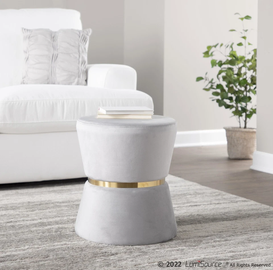 Otomana contemporánea LumiSourc en terciopelo plateado y metal dorado Foto 2 de 4