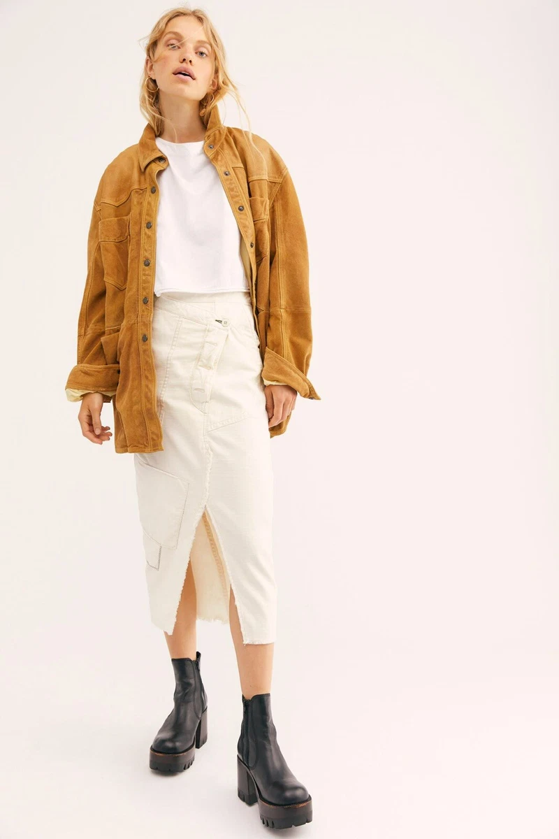 Free People Twill Cotton Echo Midi Skirt Size 2 Ecru White