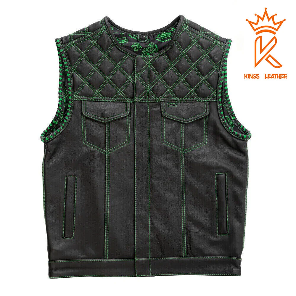 Black Genuine Leather Motorcycle Vest Green Paisley Lining Bike Riding Waistcoat